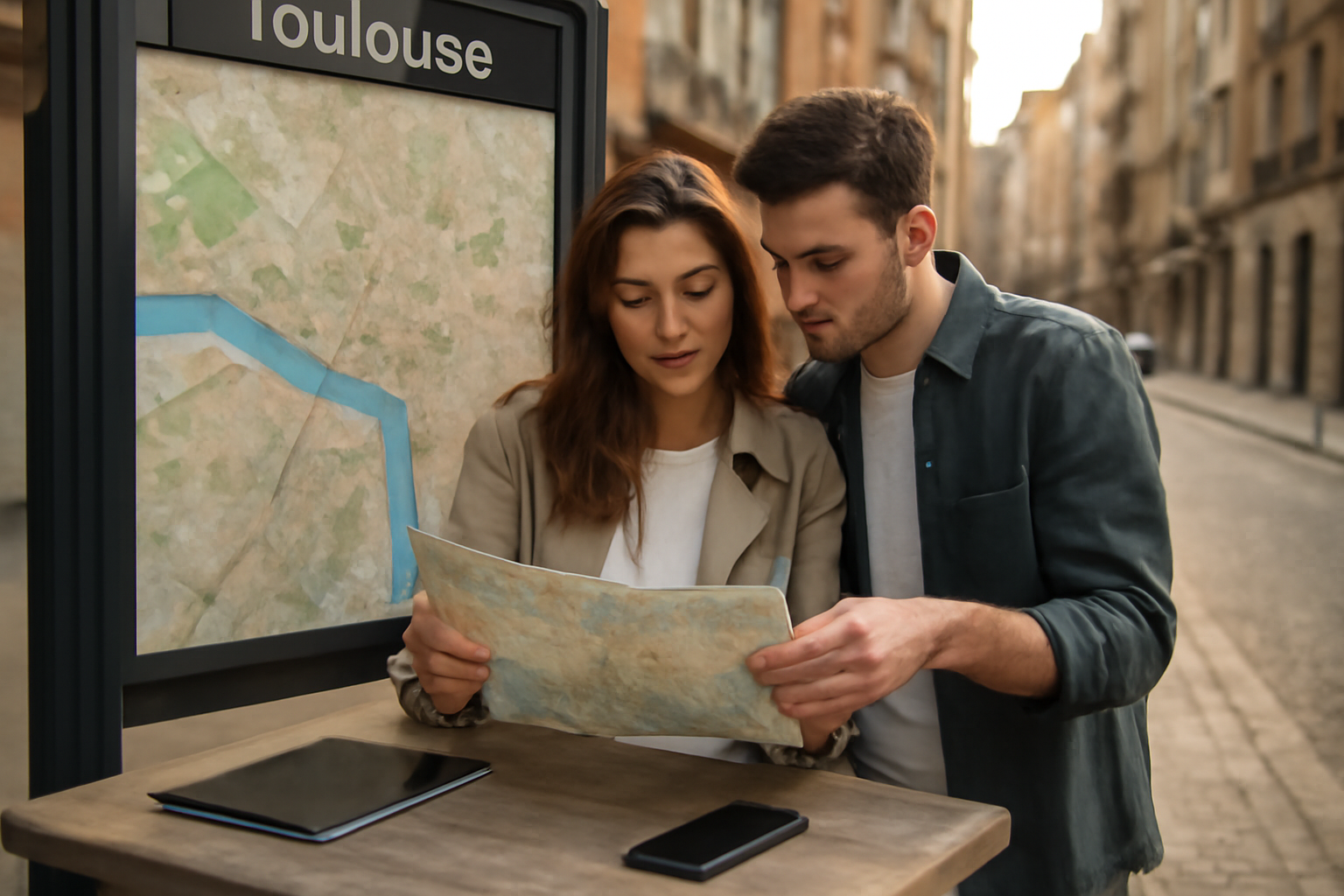 couple devant une carte et un smartphone à Toulouse, départ pour une escapade en Occitanie