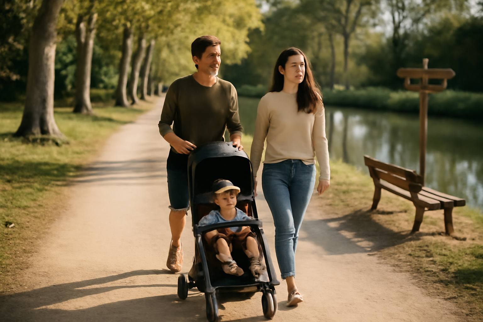 famille en promenade accessible au bord d’un canal en Occitanie
