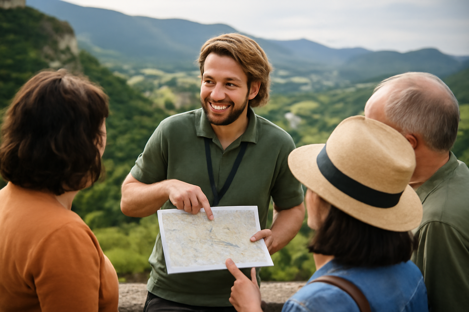 guide touristique montrant un itinéraire sur une carte à proximité d’un site en Occitanie