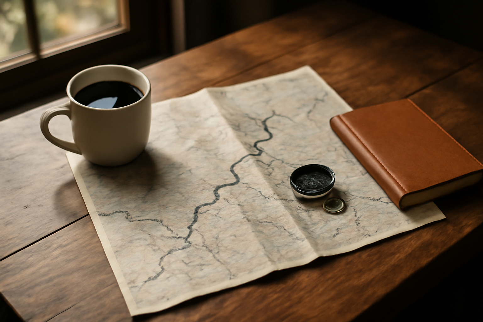 Carte d’itinéraire imprimée sur une table en bois, boussole et carnet de notes à côté, lumière naturelle d’après-midi, ambiance photoréaliste