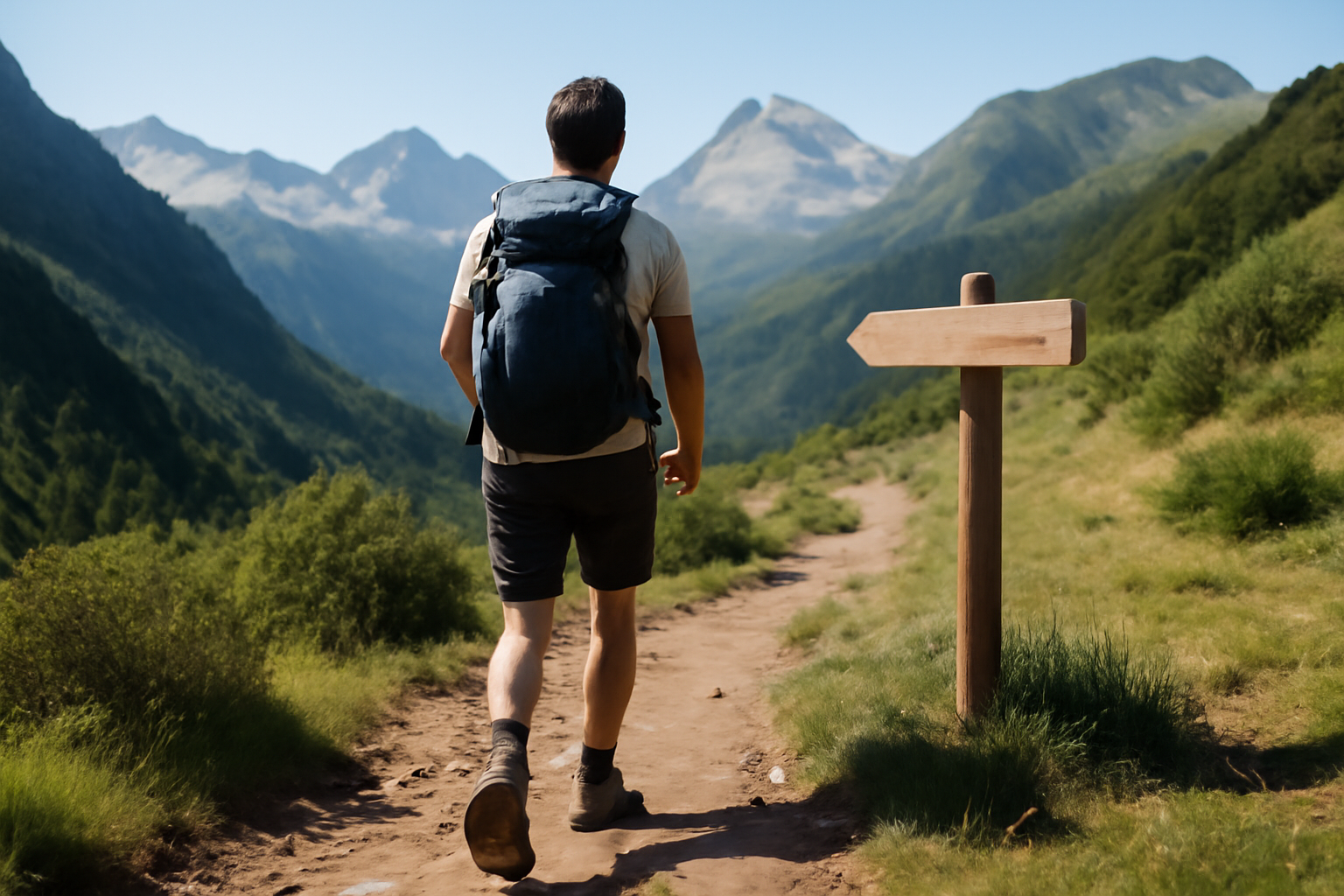 Randonnée en montagne dans les Pyrénées avec un panneau indicateur de sentier, sac à dos et chaussures de marche, ciel clair, ambiance photoréaliste