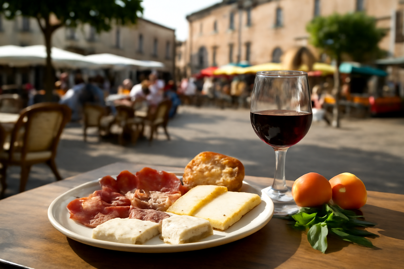 Assiette de spécialités occitanes sur une table en terrasse près d’un marché, pain, fromages, charcuteries, ambiance photoréaliste