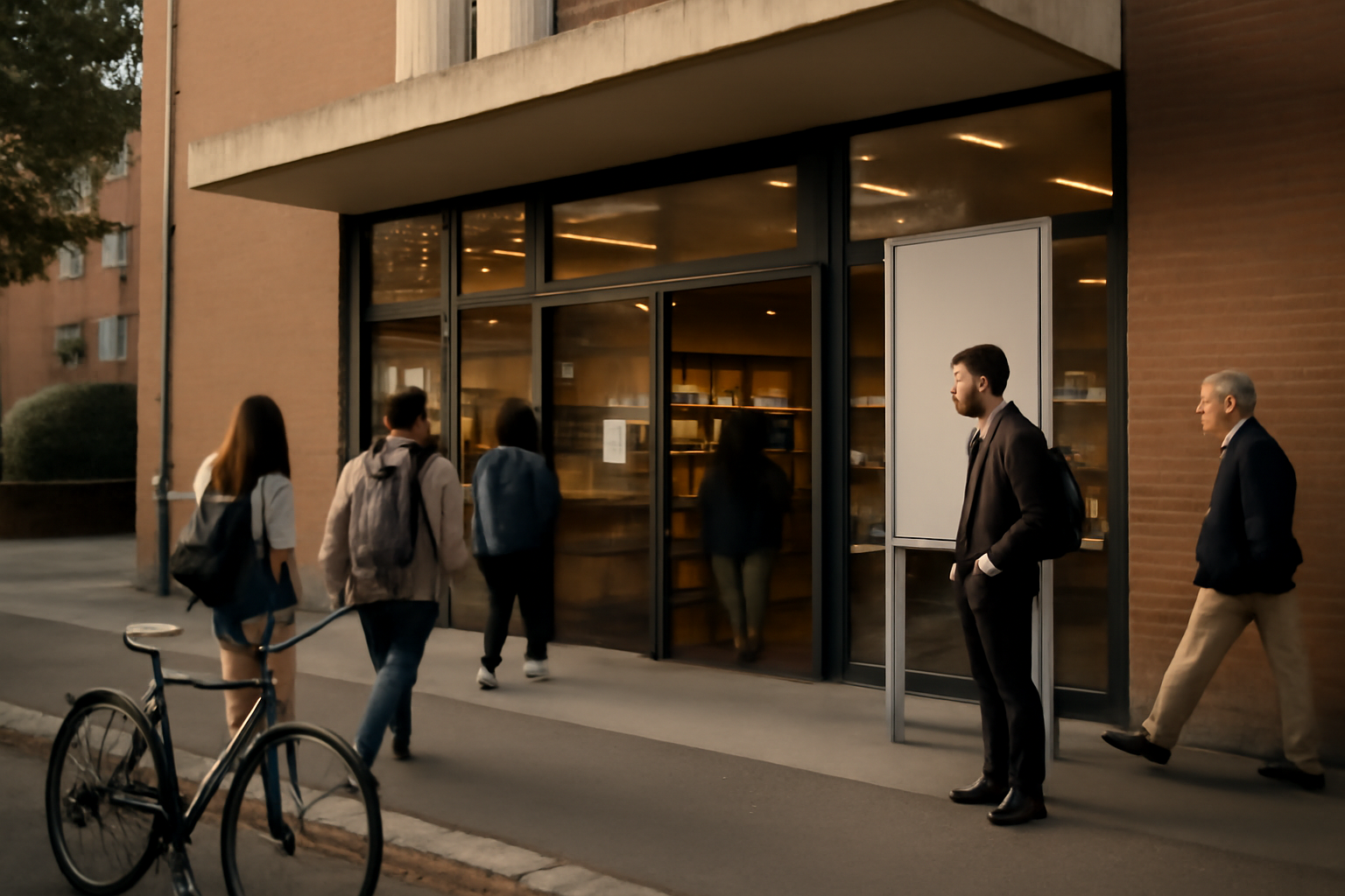 Entrée de la bibliotheque rangueil à Toulouse, bâtiment moderne à Rangueil, ambiance de fin d’après-midi