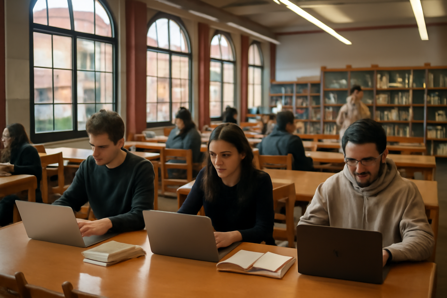 Salle de lecture calme près d’une bibliotheque rangueil à Toulouse, étudiants travaillant sur table avec lampes