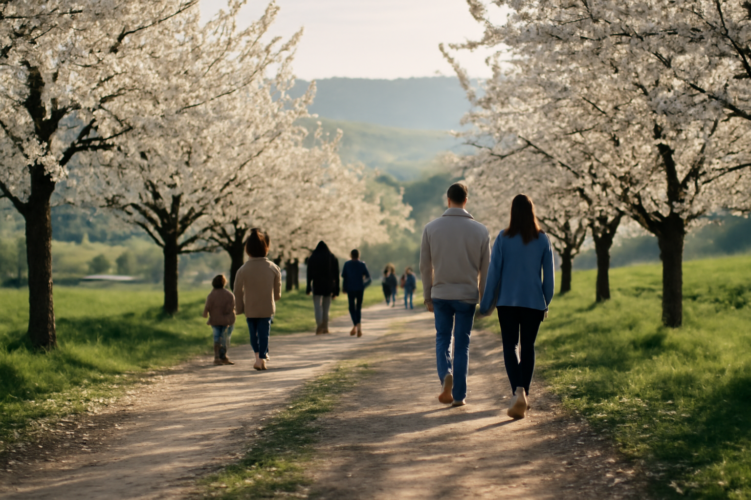 cerisier en fleur france au printemps dans une vallée française, lumière de matin et visiteurs en promenade