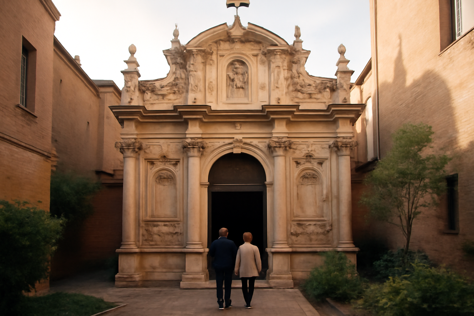chapelle des carmelites à Toulouse, entrée et porche en lumière d’après-midi