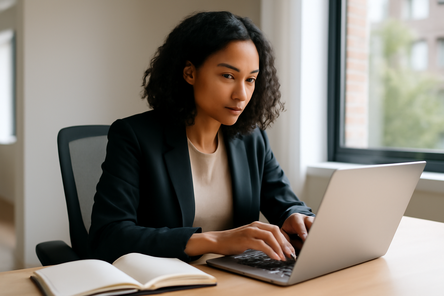Personne rédigeant un message sur ordinateur, dans un bureau lumineux, ambiance professionnelle