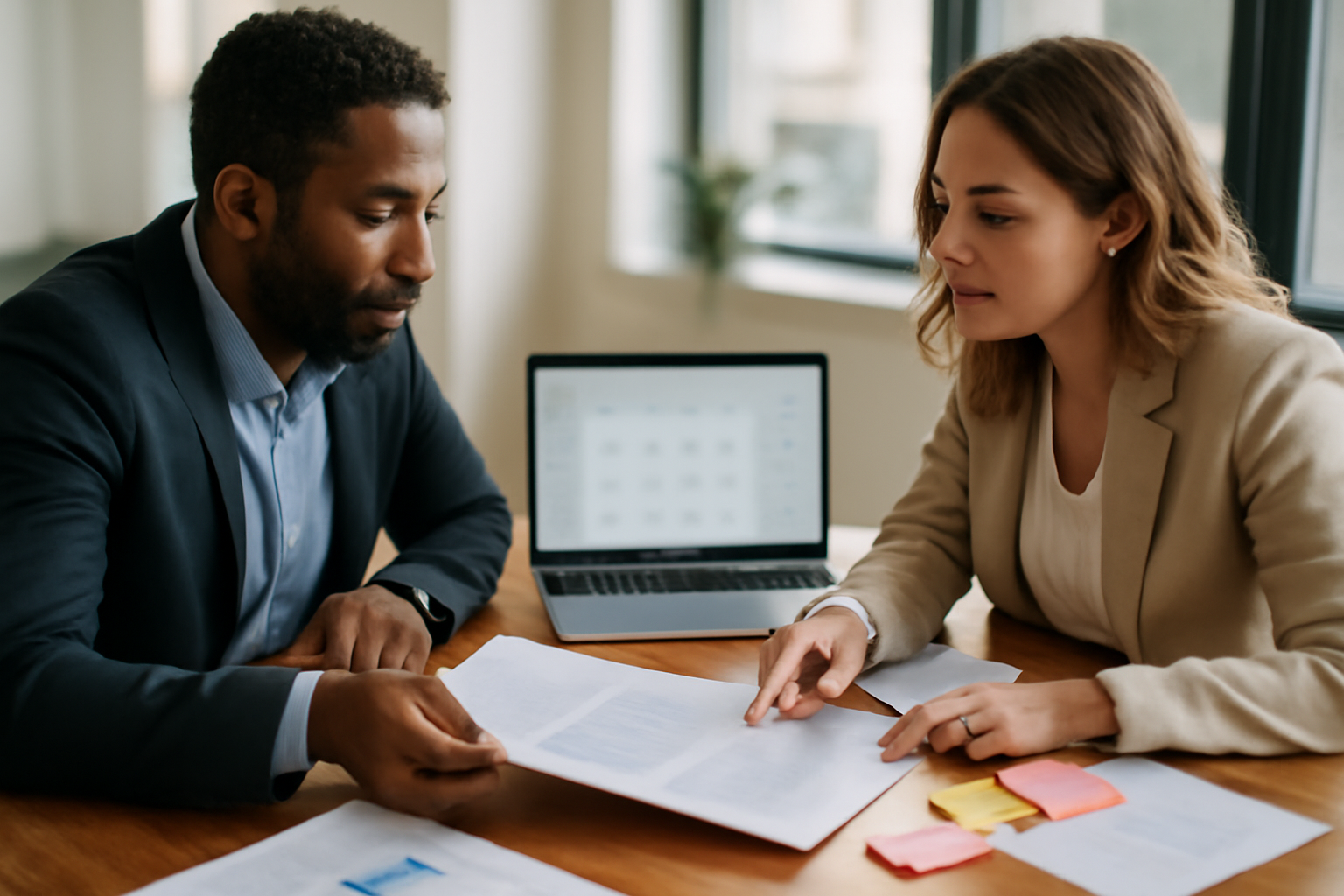 Réunion de travail autour d'une table avec documents et ordinateur, ambiance éditoriale