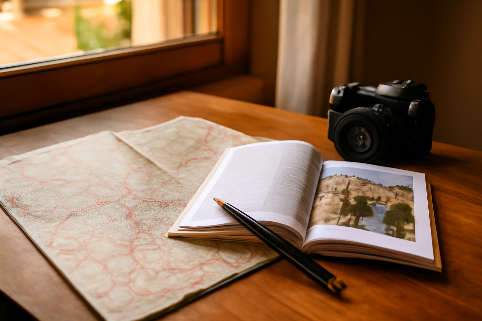 Vue d'une carte et d'un guide de voyage sur une table près d'une fenêtre, ambiance vacances en Occitanie