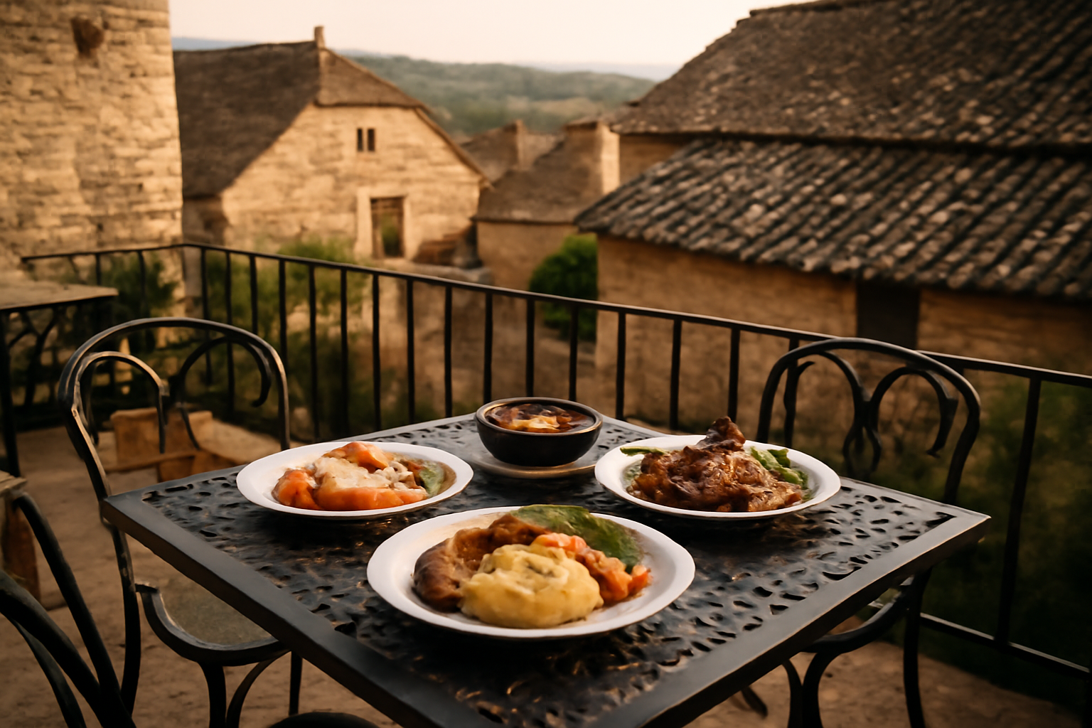 Terrasse d’un restaurant de village en Occitanie avec assiettes de cuisine locale et vue sur les toits
