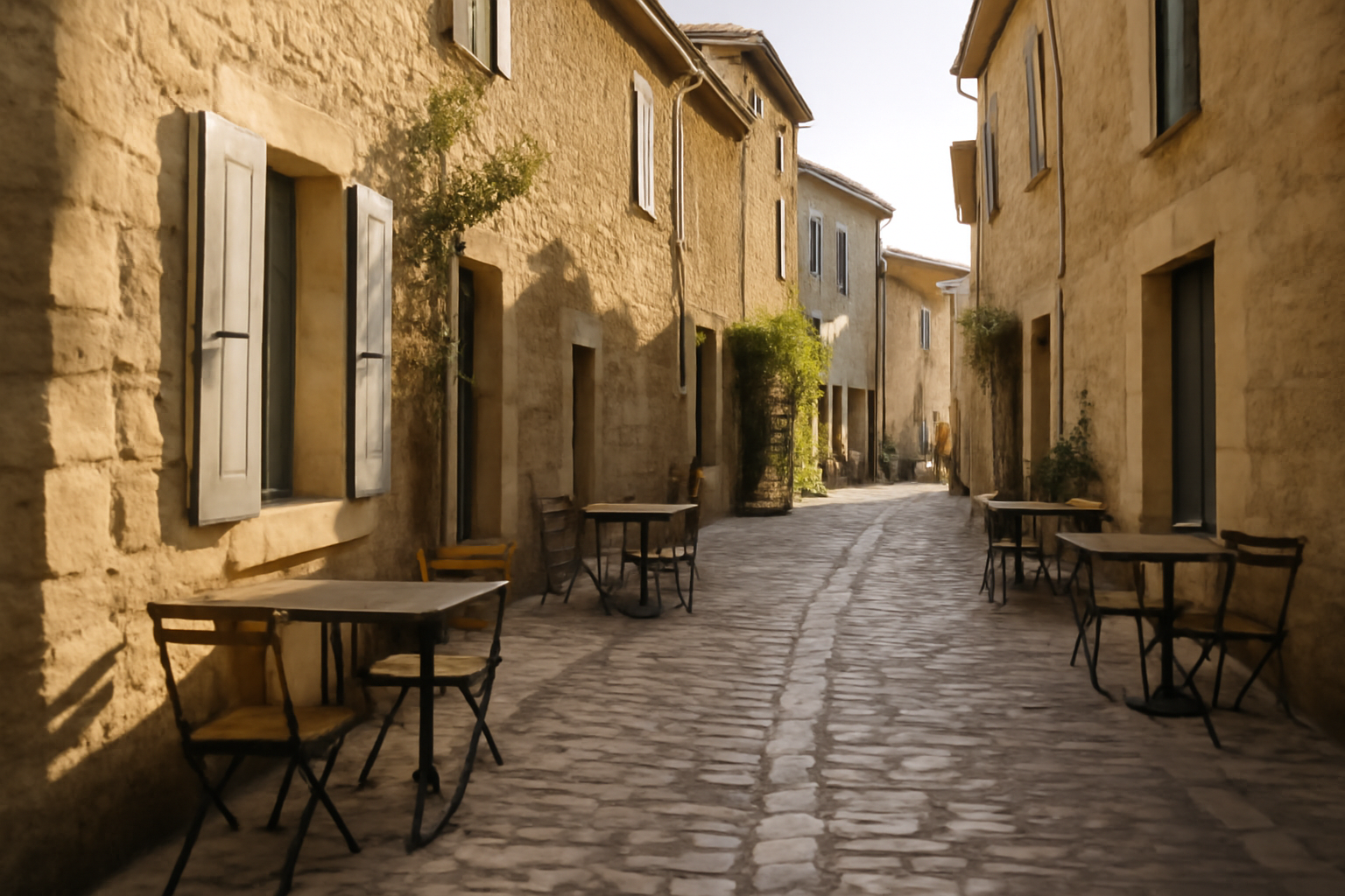 Rue pavée d’un village du sud de la France avec façades en pierre et terrasses au soleil