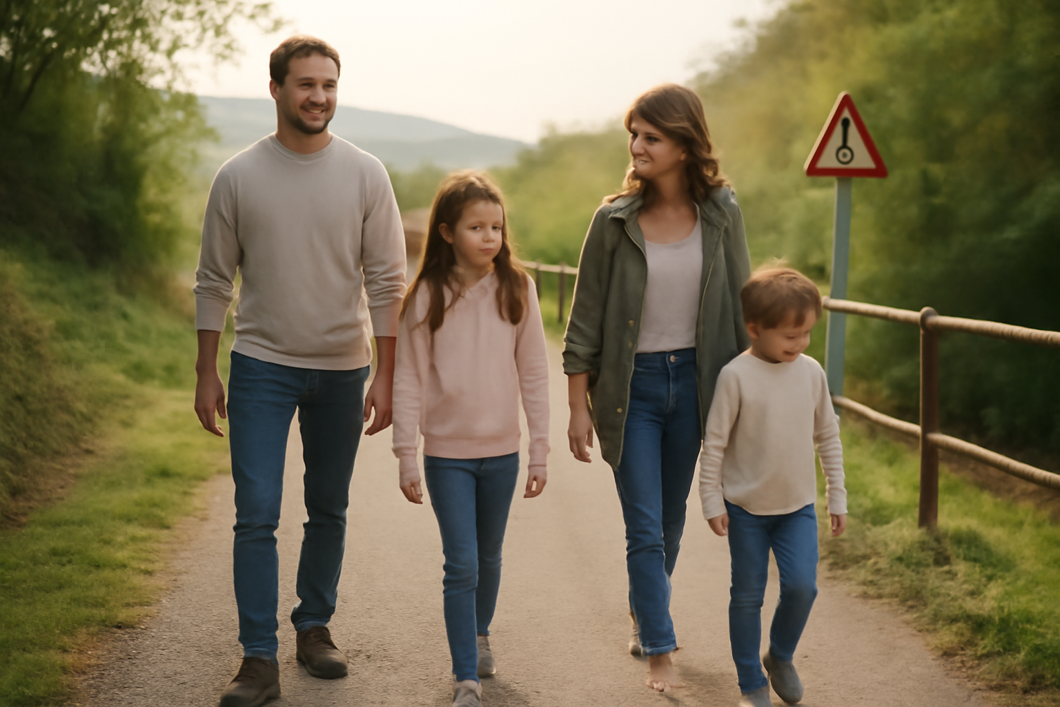 Une famille en randonnée sur un sentier aménagé en Occitanie, avec un enfant et un parent portant un sac de randonnée
