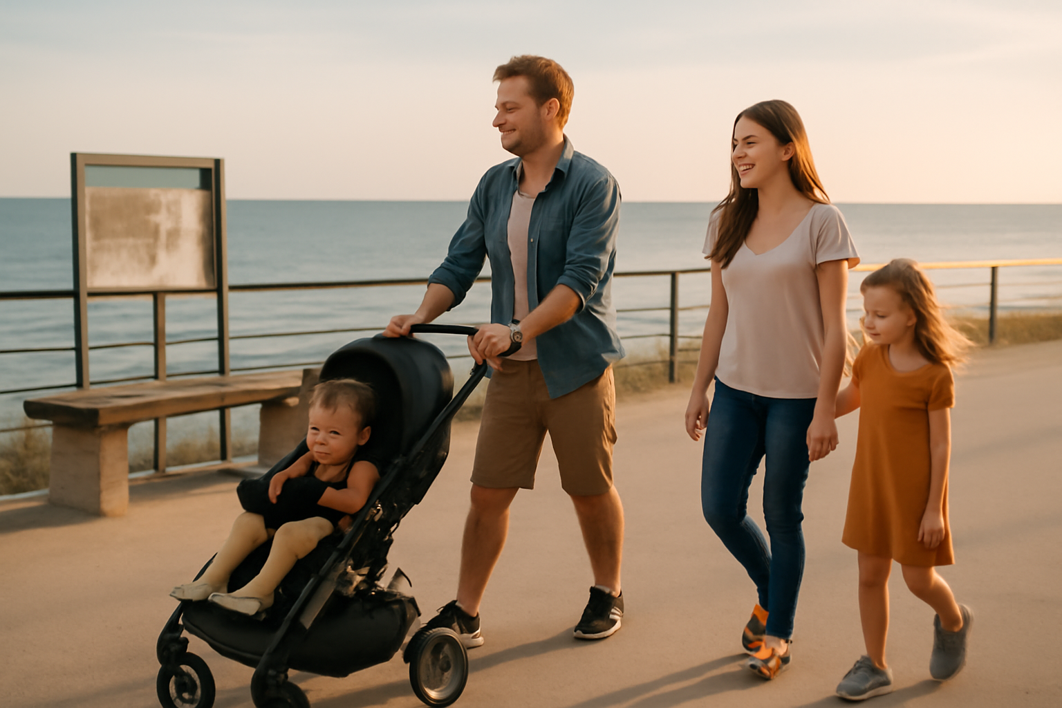 Vue d’un littoral en Occitanie avec une promenade accessible et une famille en balade