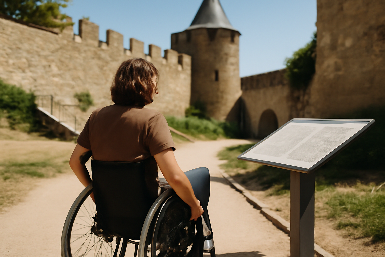Fauteuil roulant et personne visitant un site touristique accessible en Occitanie avec un panneau explicatif