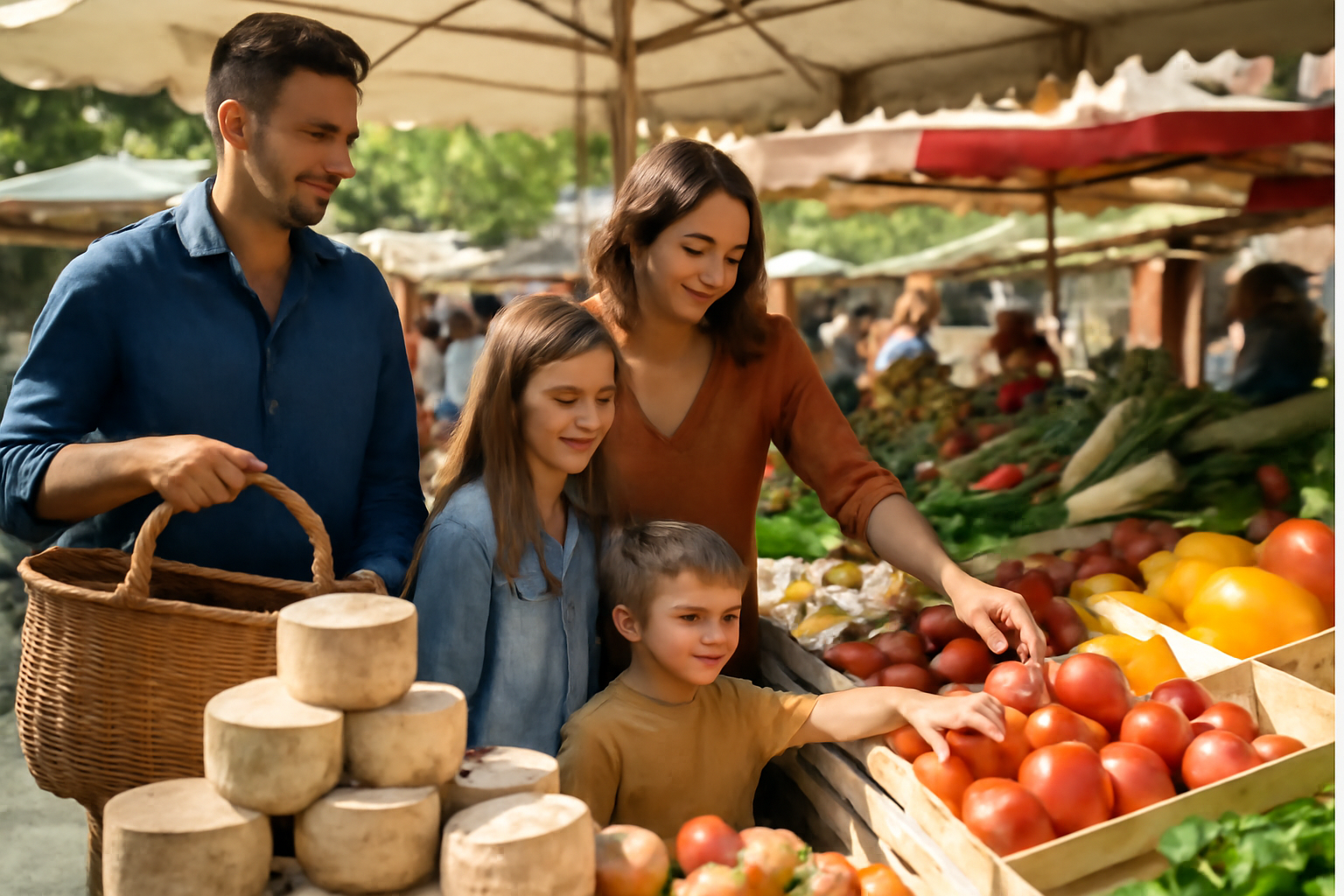 Marché local en Occitanie avec des produits régionaux et une famille faisant leurs achats