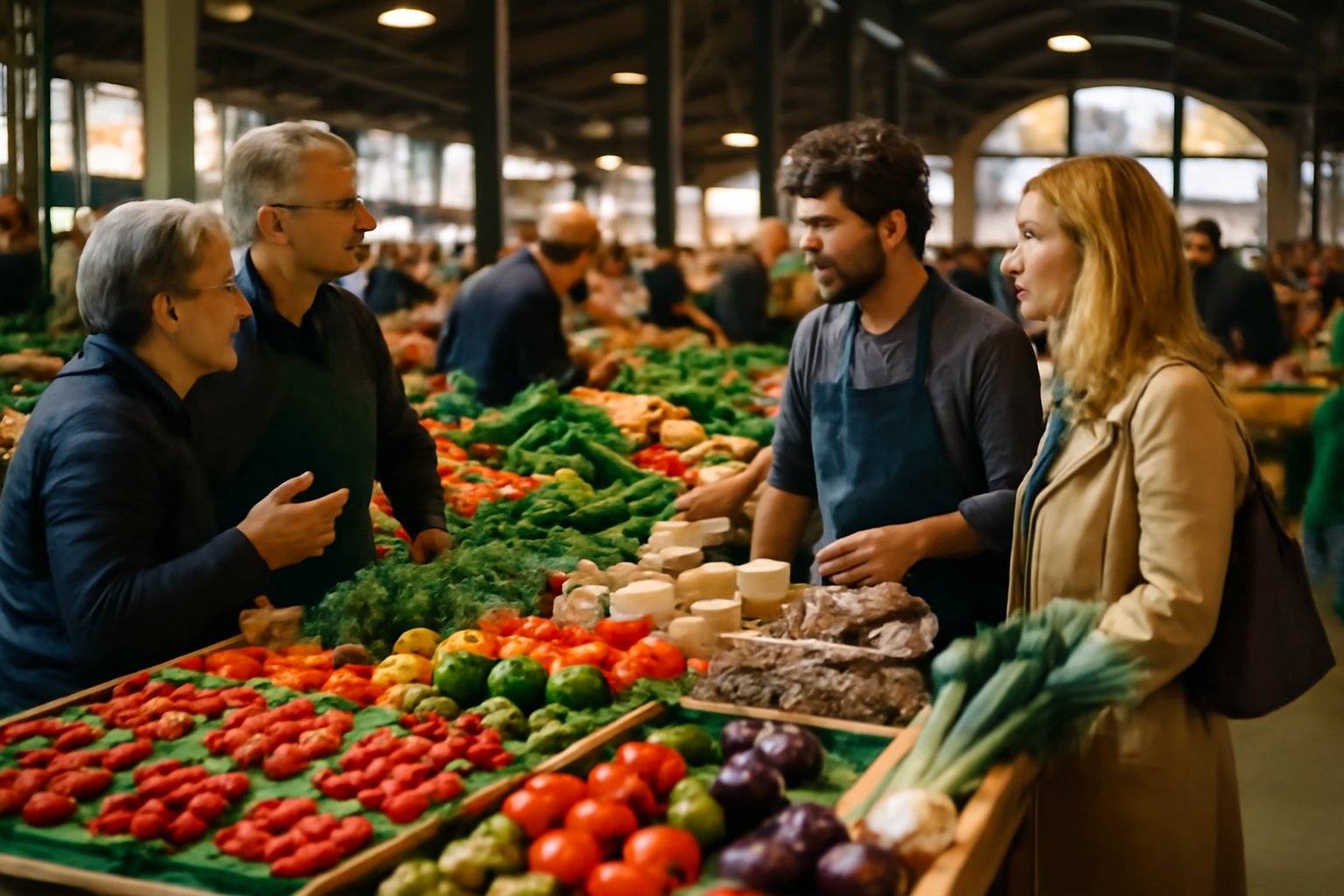 Marché de producteurs en Occitanie avec étals de fruits, légumes et fromages