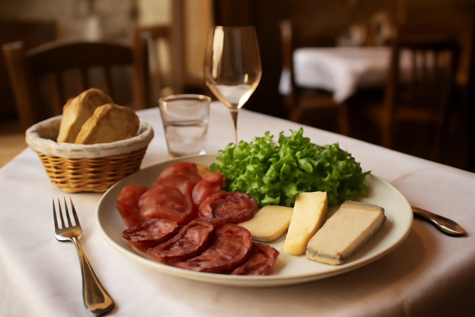 Assiette de produits du terroir en restaurant en Occitanie, pain, fromages et charcuterie