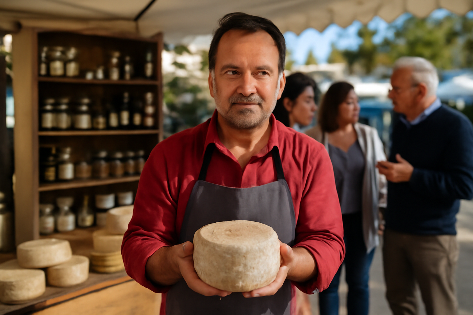 Producteurs en train de présenter des produits sur un étal de marché en Occitanie