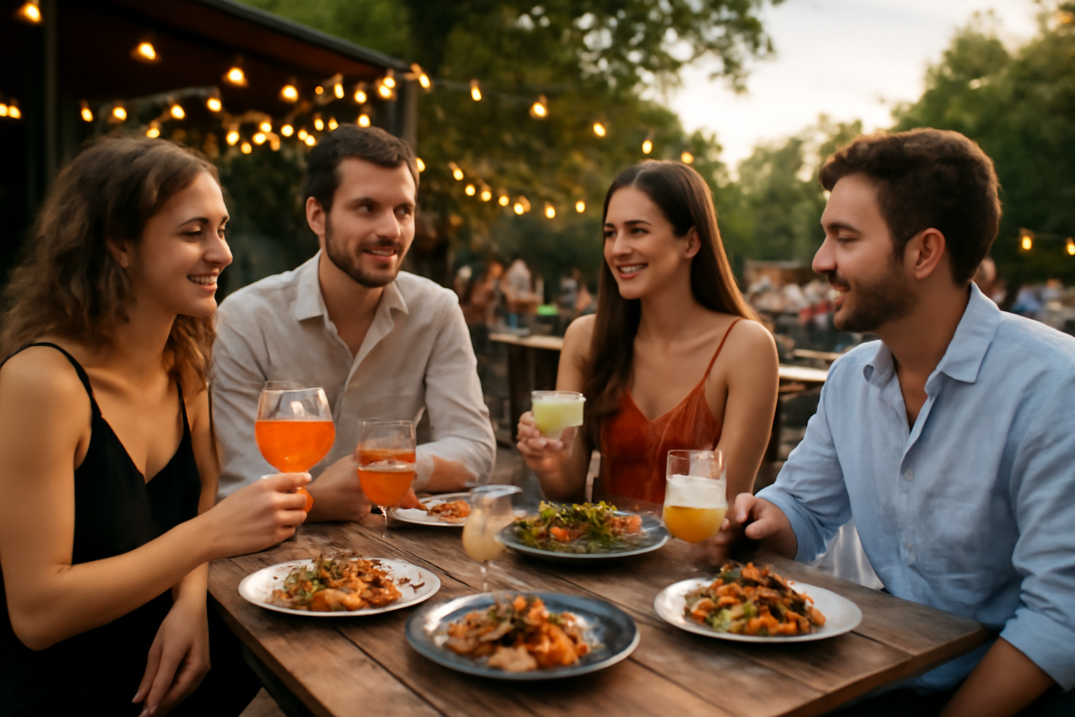 Guinguette blagnac près d’Odyssud, terrasse éclairée et amis autour de cocktails