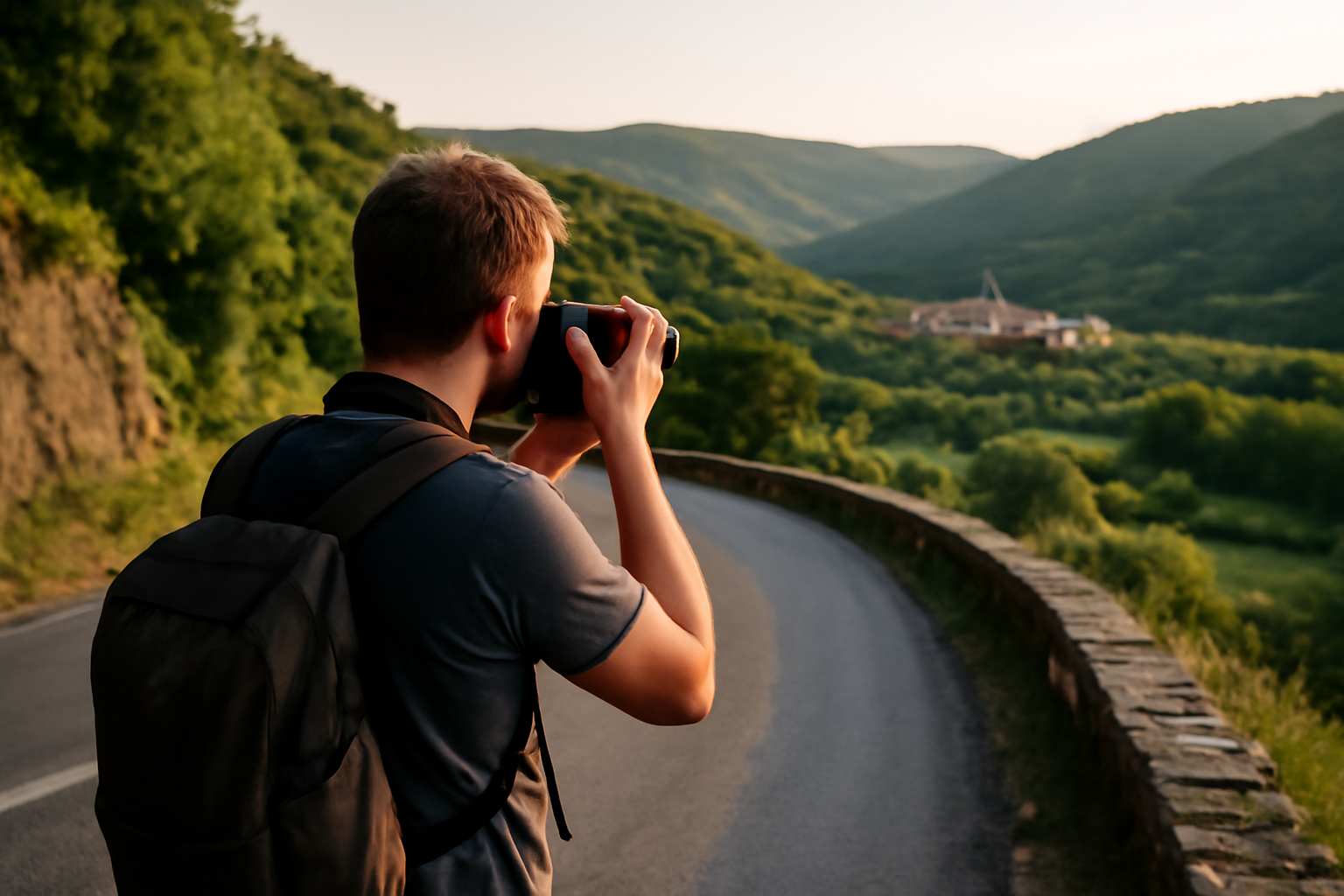 Vue d’ensemble d’un itinéraire en Occitanie : route sinueuse, vallées verdoyantes et village au loin, ambiance de fin d’après-midi