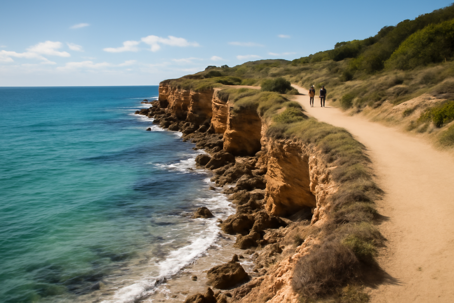 Promenade sur le littoral de l’Occitanie avec falaises, mer et ciel lumineux, ambiance vacances