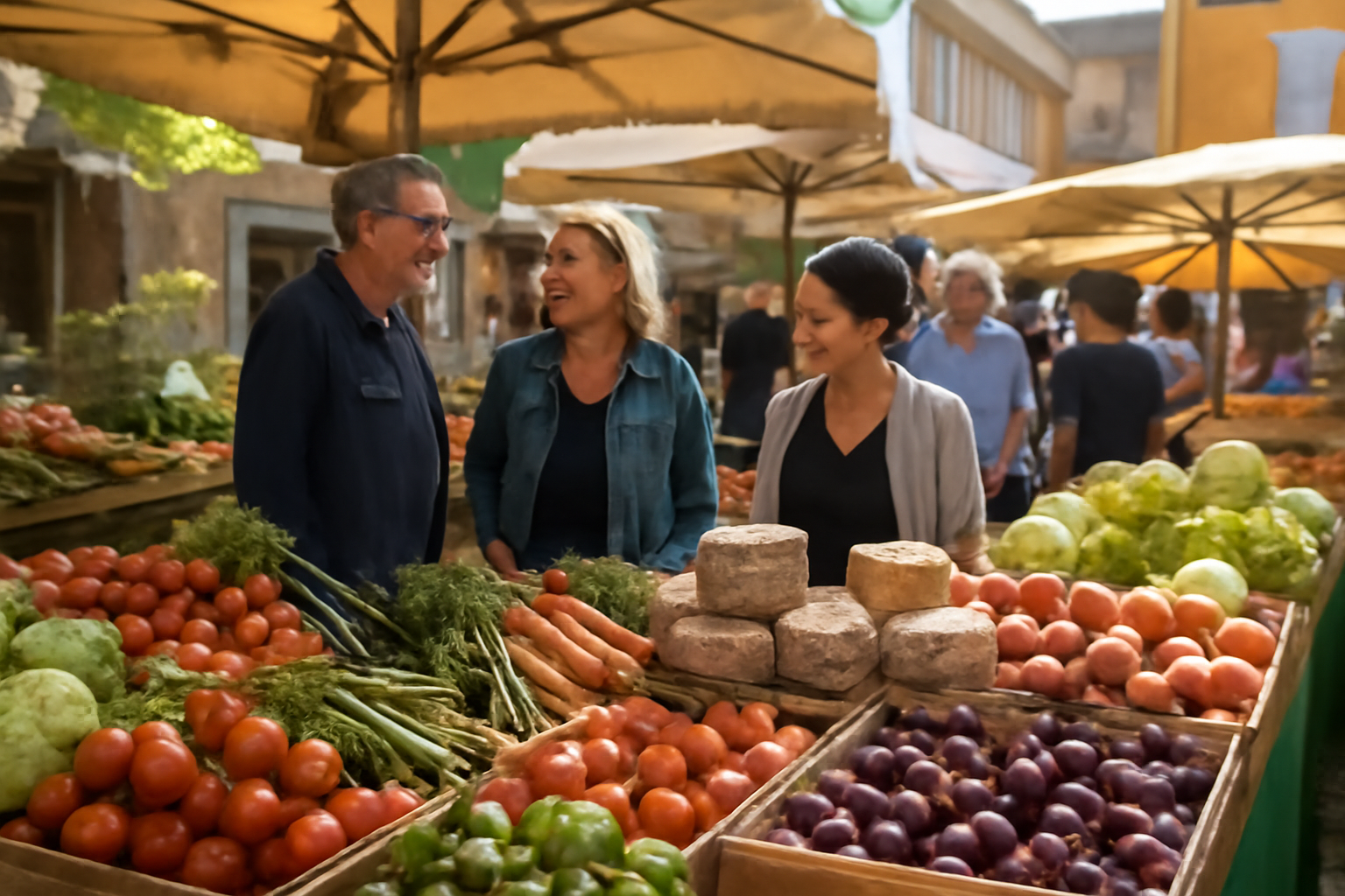 Marché local en Occitanie avec étals de produits du terroir et passants, ambiance conviviale du matin