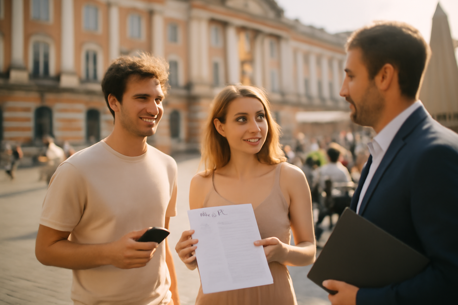 job été Toulouse : jeunes en entretien près du Capitole, lumière de printemps