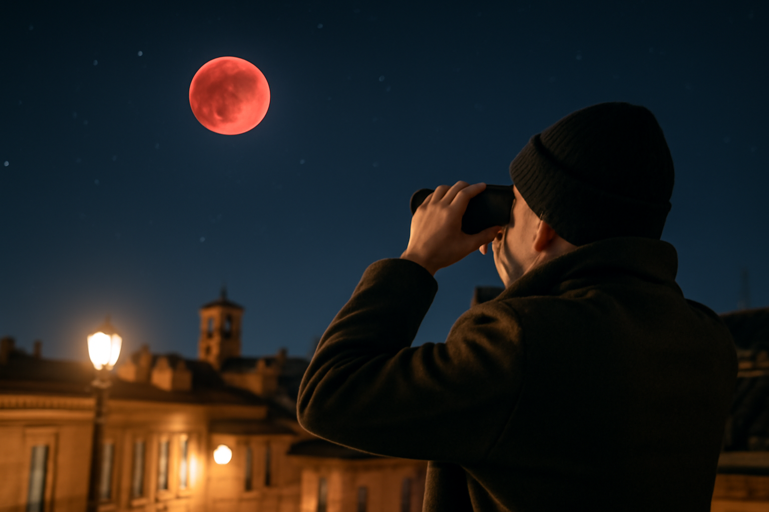 Photo réaliste de la lune rouge lors d’une éclipse lunaire depuis Toulouse, ciel nocturne dégagé et observateur avec jumelles