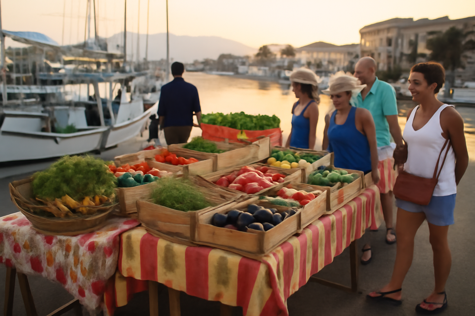 Marché saint cyprien sur le port, stands de produits frais et ambiance catalane