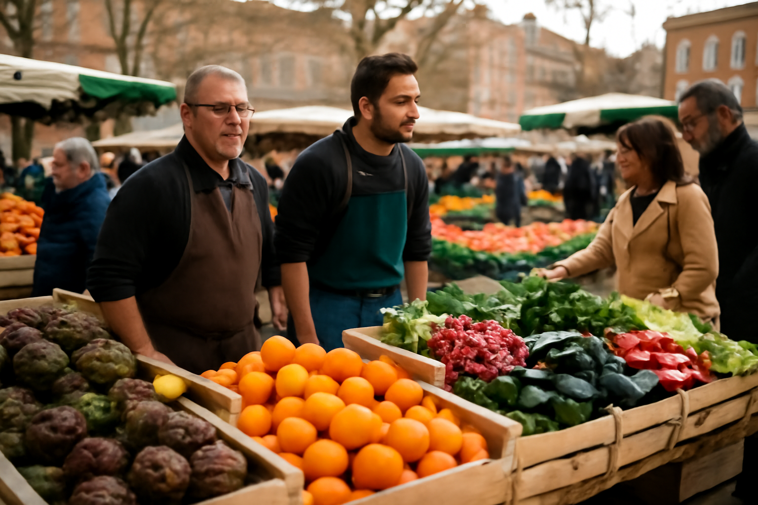 Marché Toulouse samedi : étals de fruits et légumes sur un marché de plein air