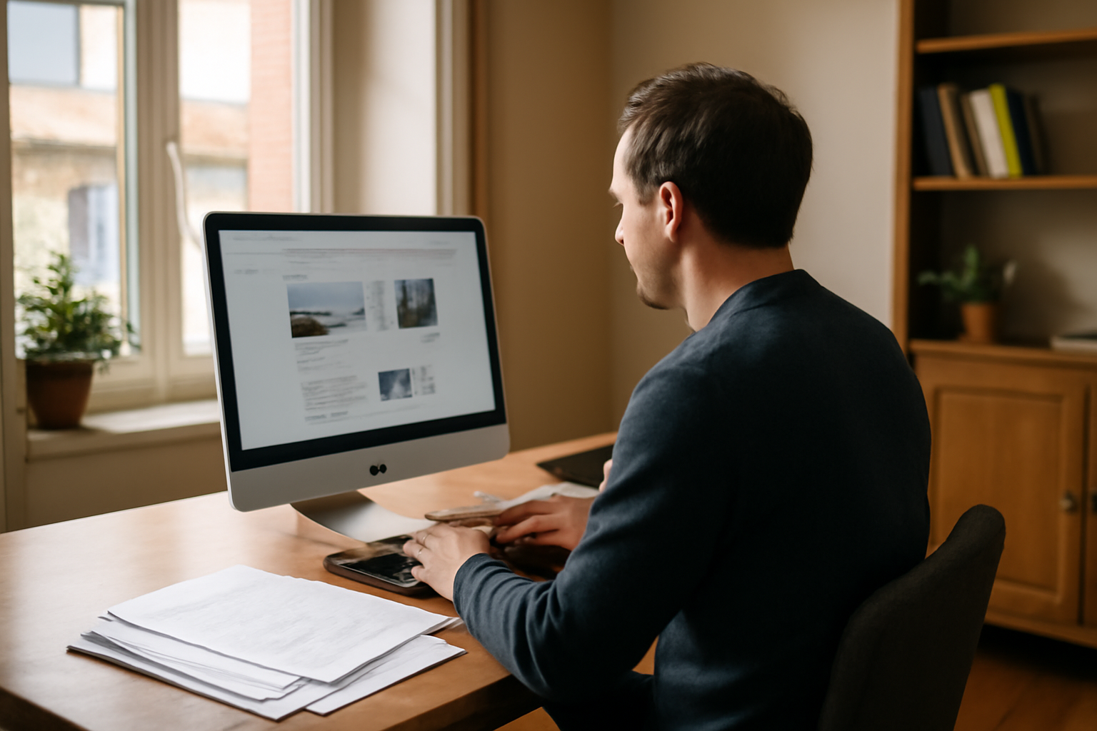 Bureau calme à Toulouse avec ordinateur affichant un site web, documents administratifs et smartphone sur une table