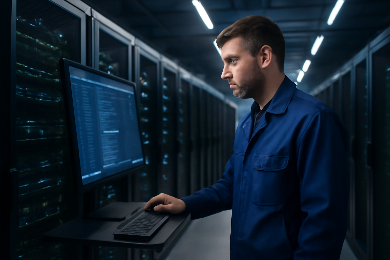 Salle serveurs avec baies informatiques et ingénieur vérifiant un tableau de bord de maintenance