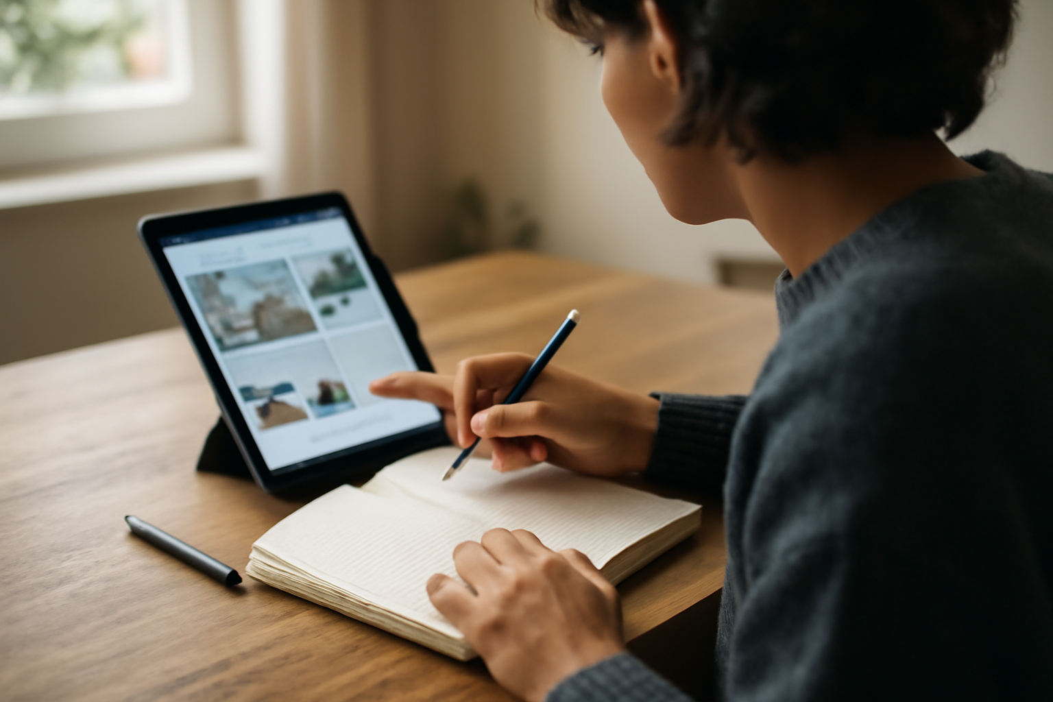 Personne prenant des notes et consultant une page web sur tablette, avec un carnet et un stylo sur une table