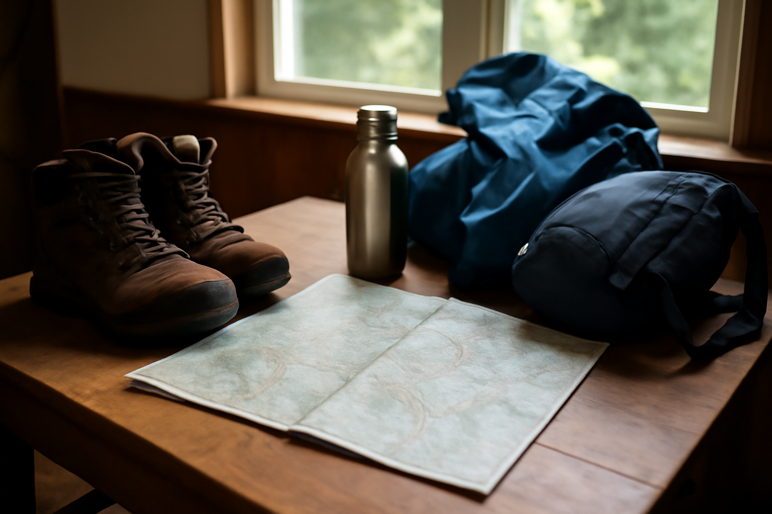 Préparation randonnée : chaussures, gourde et carte d’itinéraire sur une table près d’une fenêtre avec lumière du jour