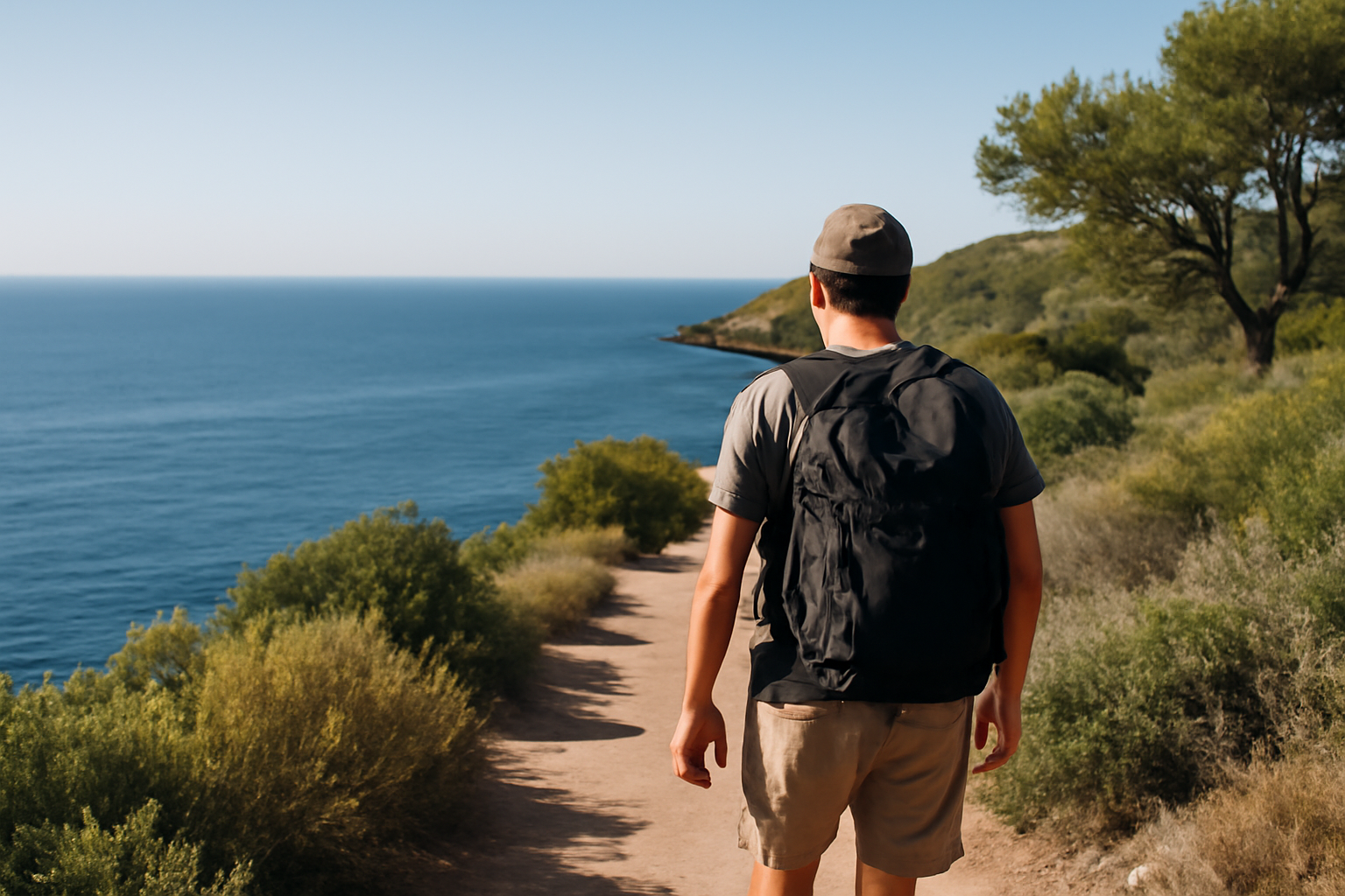 Point de vue sur le littoral du Languedoc avec sentier côtier et mer Méditerranée par temps clair