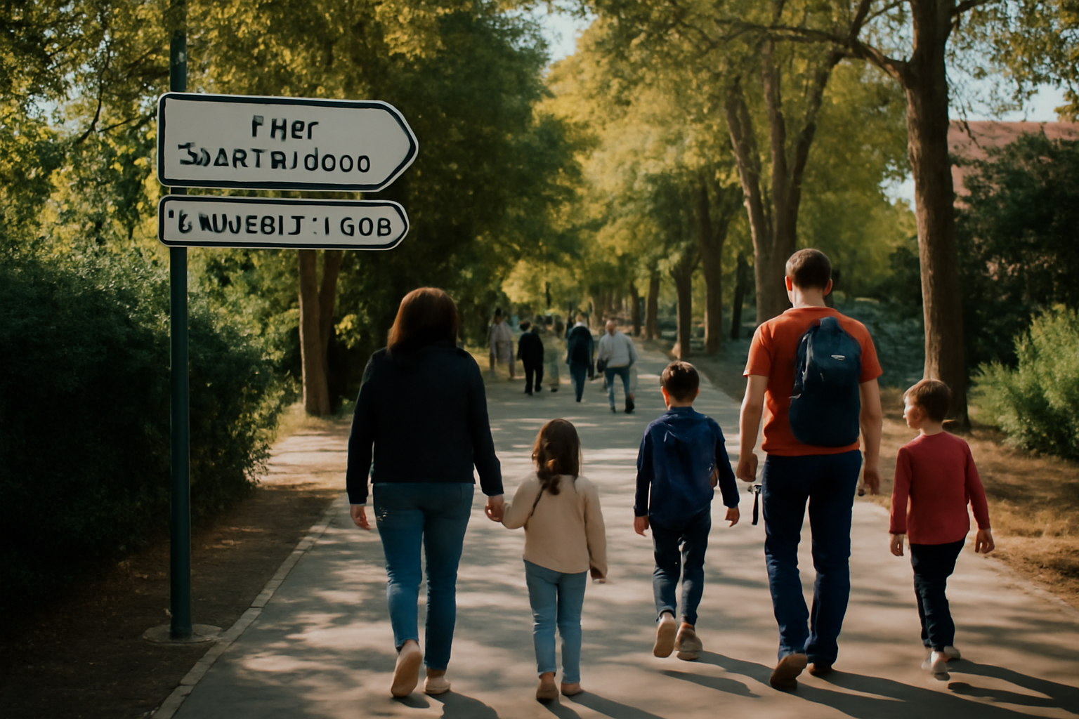 Parc Saint-Exupéry : allée du parc et visiteurs en promenade, ambiance familiale