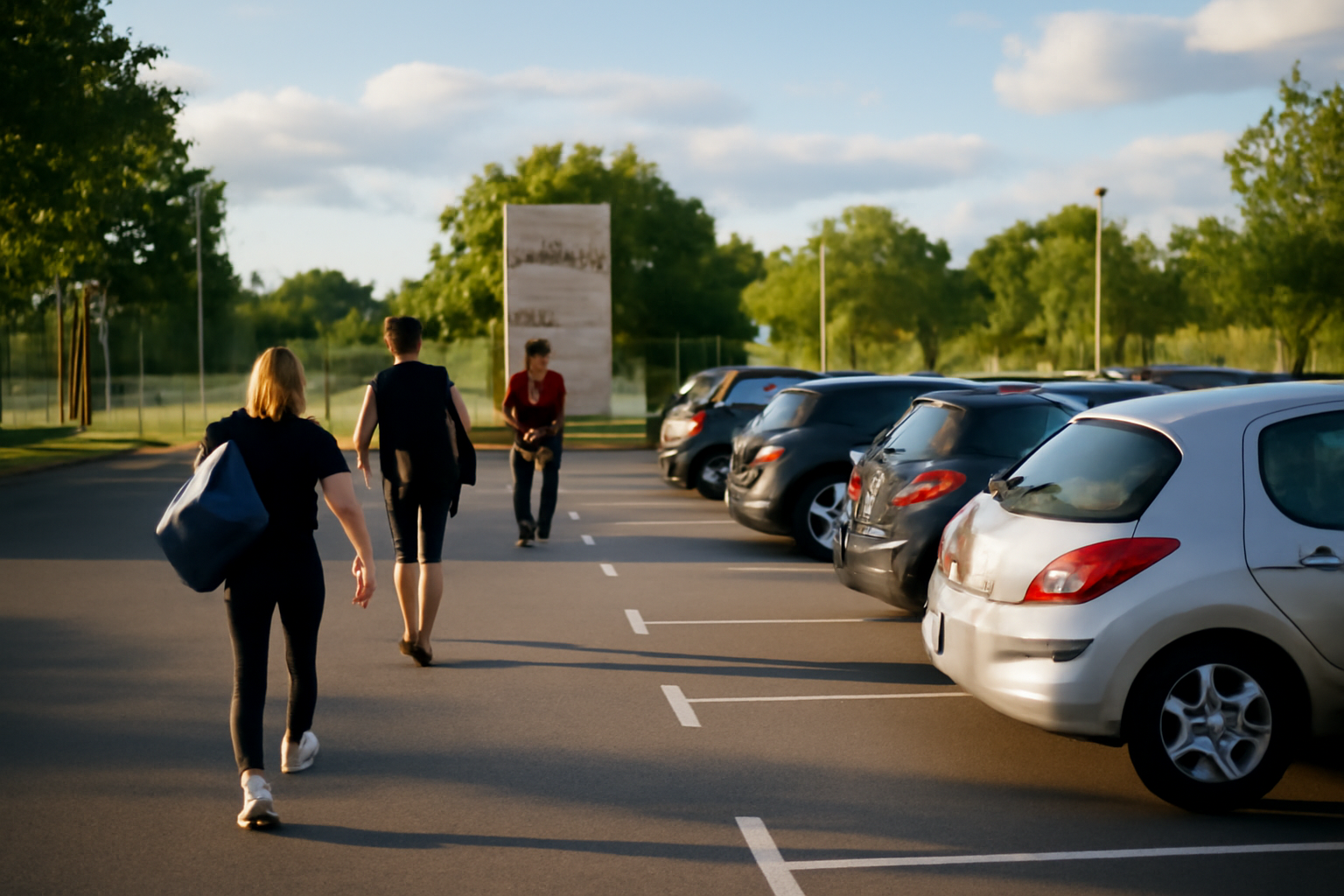 parking du complexe sportif de la ramée près de La Ramée, voitures et entrée du site par une journée ensoleillée