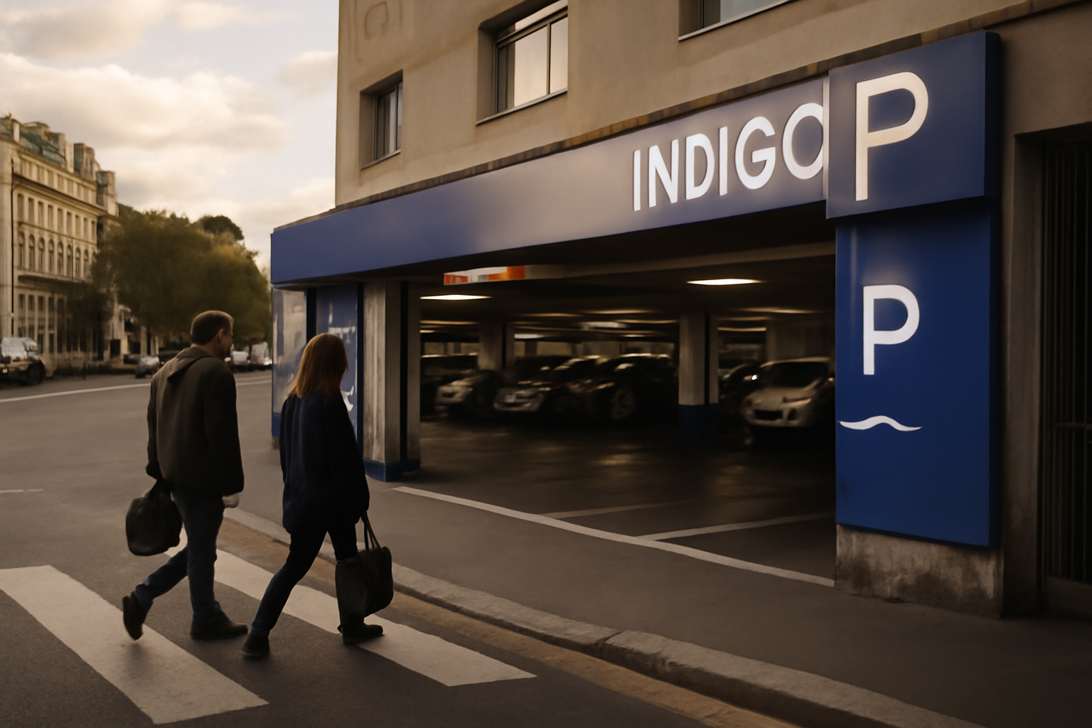 Parking Indigo Place Saint-Michel à Paris, entrée de parking et signalétique Indigo, lumière de fin d’après-midi