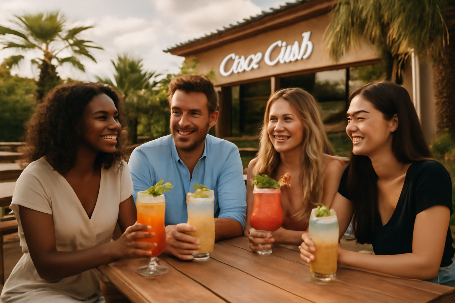 Terrasse du Coco Club à Balma avec cocktails tropicaux et lumière du soir