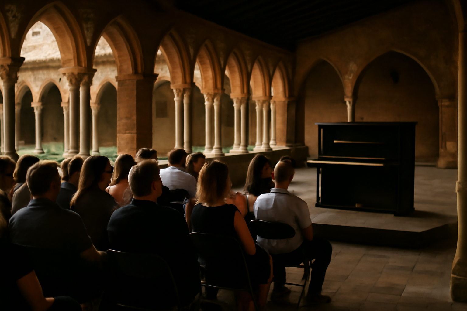 Pianos aux Jacobins à Toulouse au cloître des Jacobins pendant un concert de piano, public assis, lumière douce