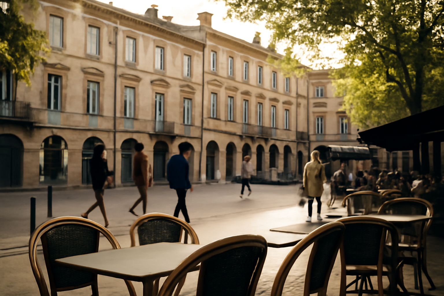 Place intérieure saint cyprien à Toulouse, ruelles et terrasses au coucher du soleil