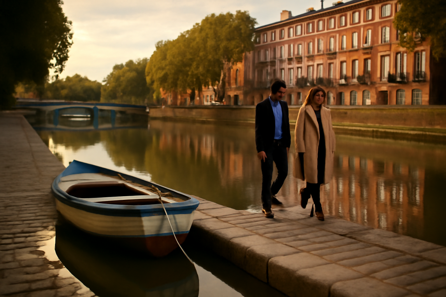 Port de l embouchure à Toulouse sur le canal du Midi, embarcation et quais au coucher du soleil
