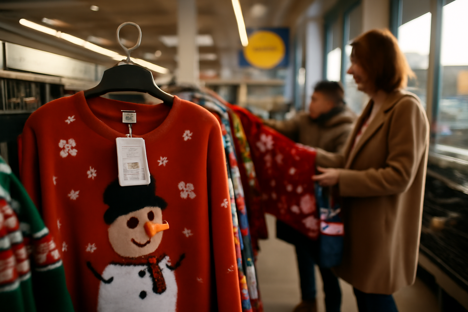 pull moche lidl près d’un rayon vêtements de Noël en magasin Lidl, lumière de fin d’après-midi, Toulouse