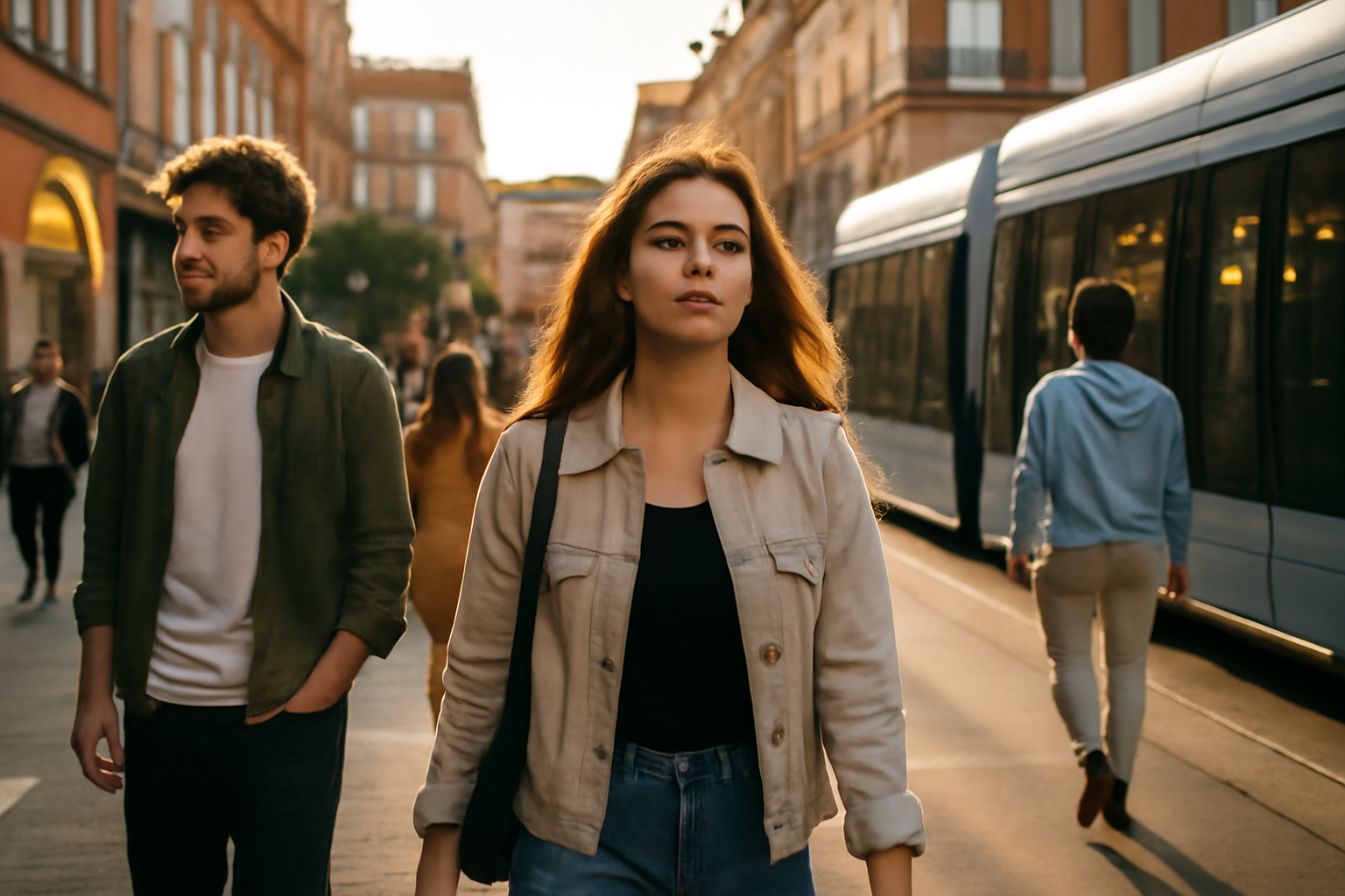sorties toulouse : tramway et foule devant une salle de spectacle à Toulouse, lumière de fin d’après-midi