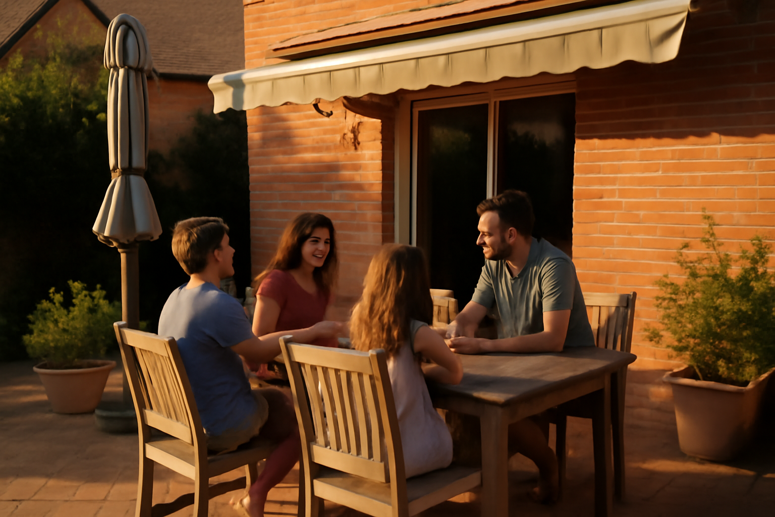 terrasse ombragée avec store et table repas à Toulouse sous lumière de fin d’après-midi
