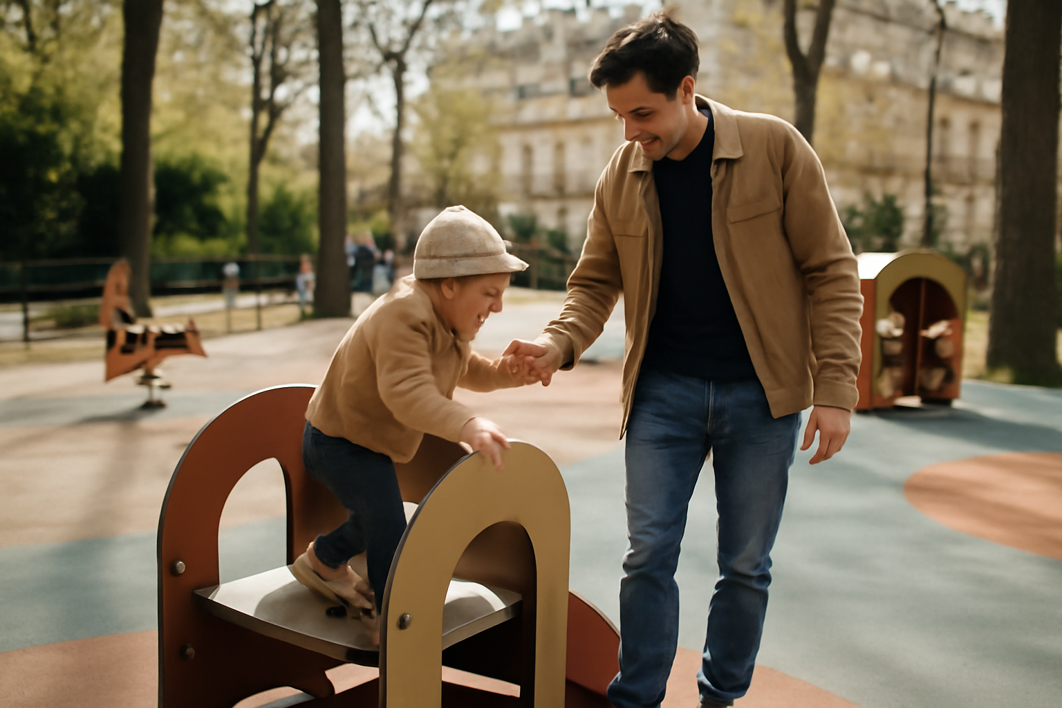 Enfant de 3 ans dans une aire de jeux sécurisée à Paris, parent à côté, lumière de fin de matinée