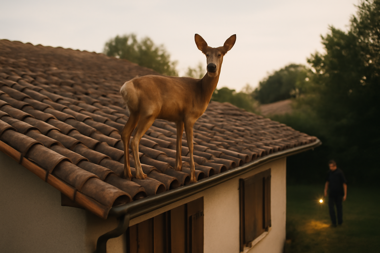 La biche sur le toit : observation calme d’un animal en Occitanie, lumière de fin d’après-midi