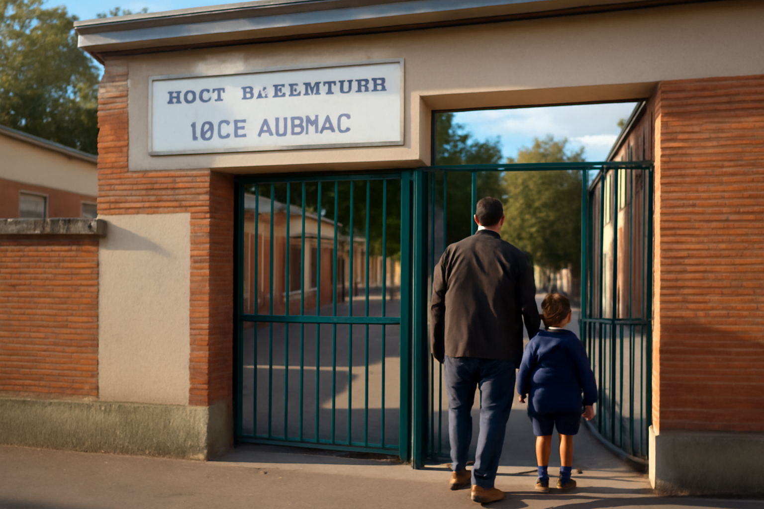 Façade d’une école à Toulouse portant le nom Lucie Aubrac, entrée avec panneau et horaires, photo réaliste en lumière de matin