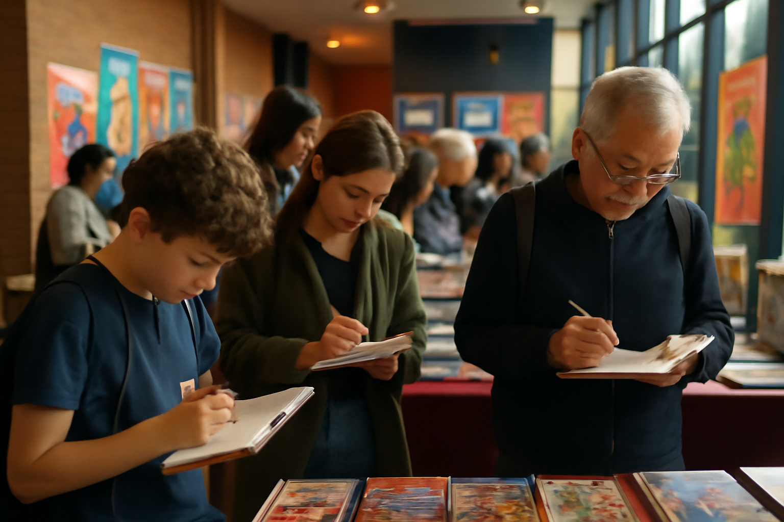 Festival bd colomiers : participants devant des stands de bandes dessinées à Colomiers