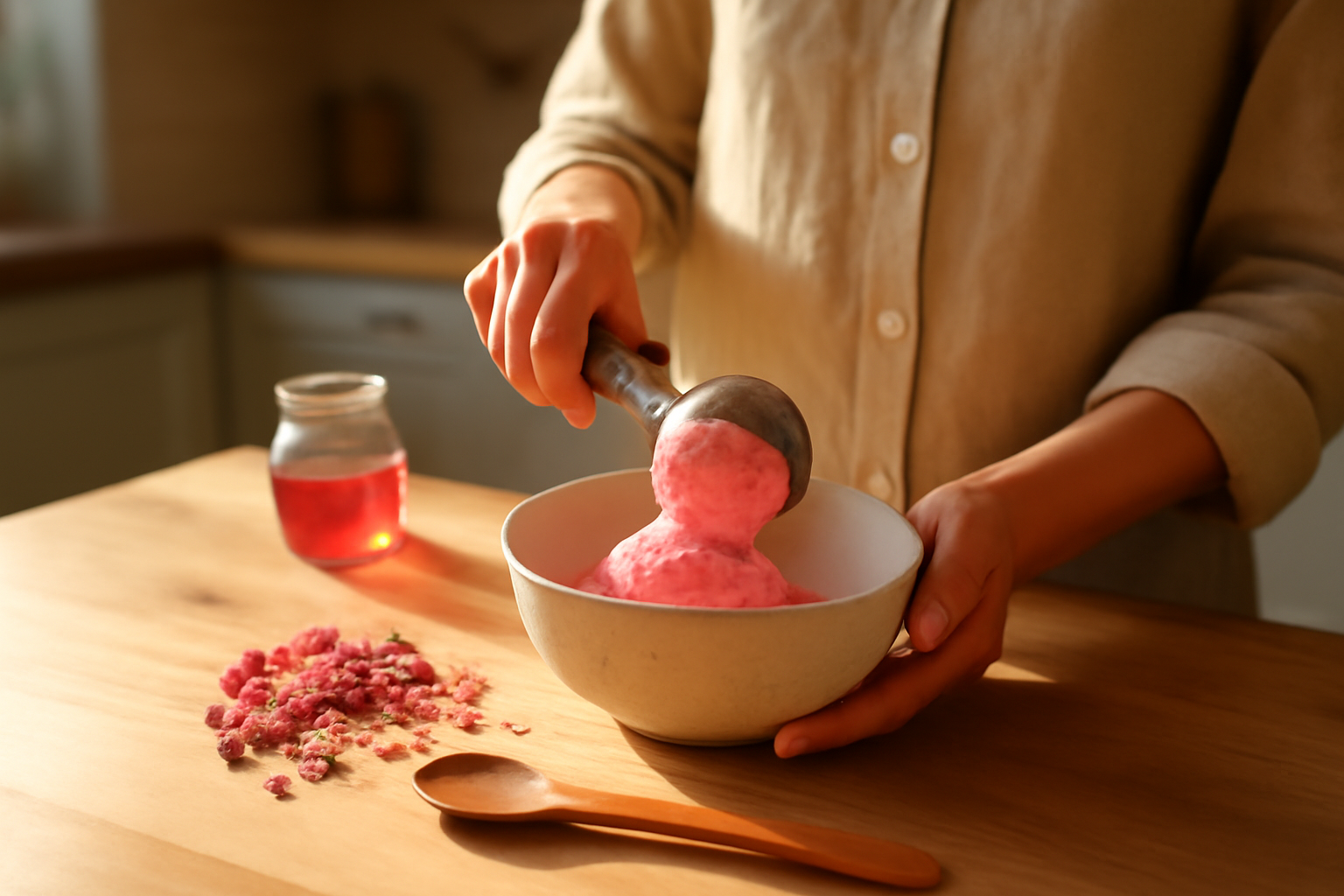 Glace rose maison dans un bol, pétales de rose alimentaires et cuillère en bois, lumière naturelle sur table